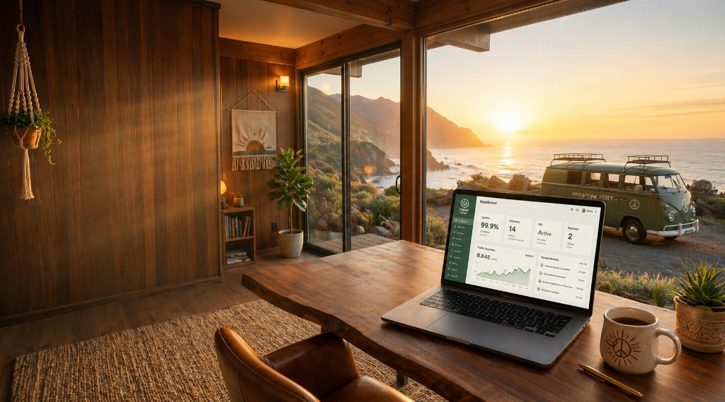 Warm coastal workspace with laptop dashboard and vintage van
